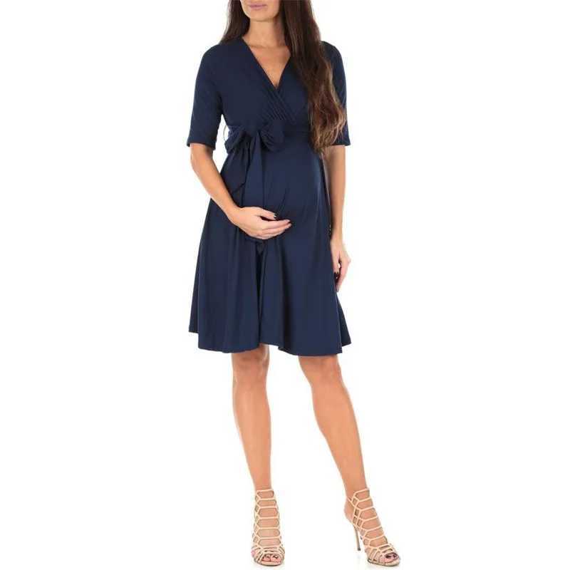 Summer womens maternity care dress maternity clothing casual simple trend style solid color V-neck half sleeved Midi dress W241026