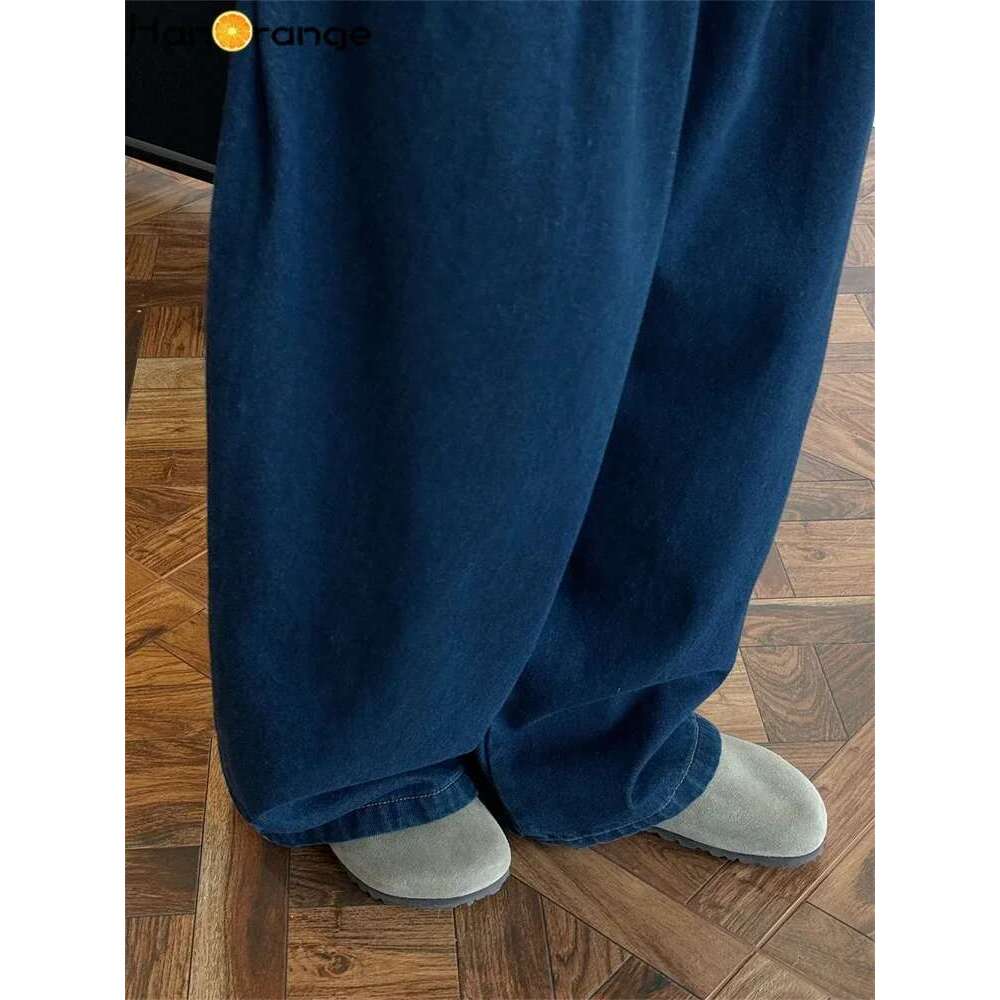Hanorange 2024 Winter Fashion Fleece Jeans Women Loose Wide Legs Pants Elastic Waist Denim Blue