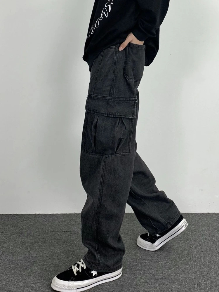 Gmiixder Dark Straight Jeans Mens Korean Autumn Winter Kpop Vintage Black Denim Pants Women Washed Loose Cargo Trousers 241021