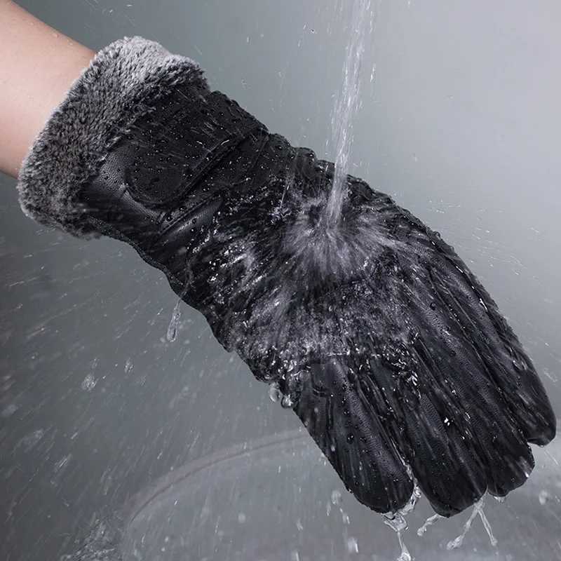 Winter Warm Black PU Gs Mens Fur Mouth Plush Insulated Gloves Mens Outdoor Bicycle Touchscreen Cotton Gs W241026
