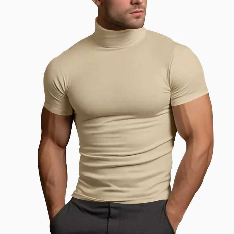 Cross border 2024 summer solid color short sleeved fashionable mens tight turtle neck T-shirt W241026