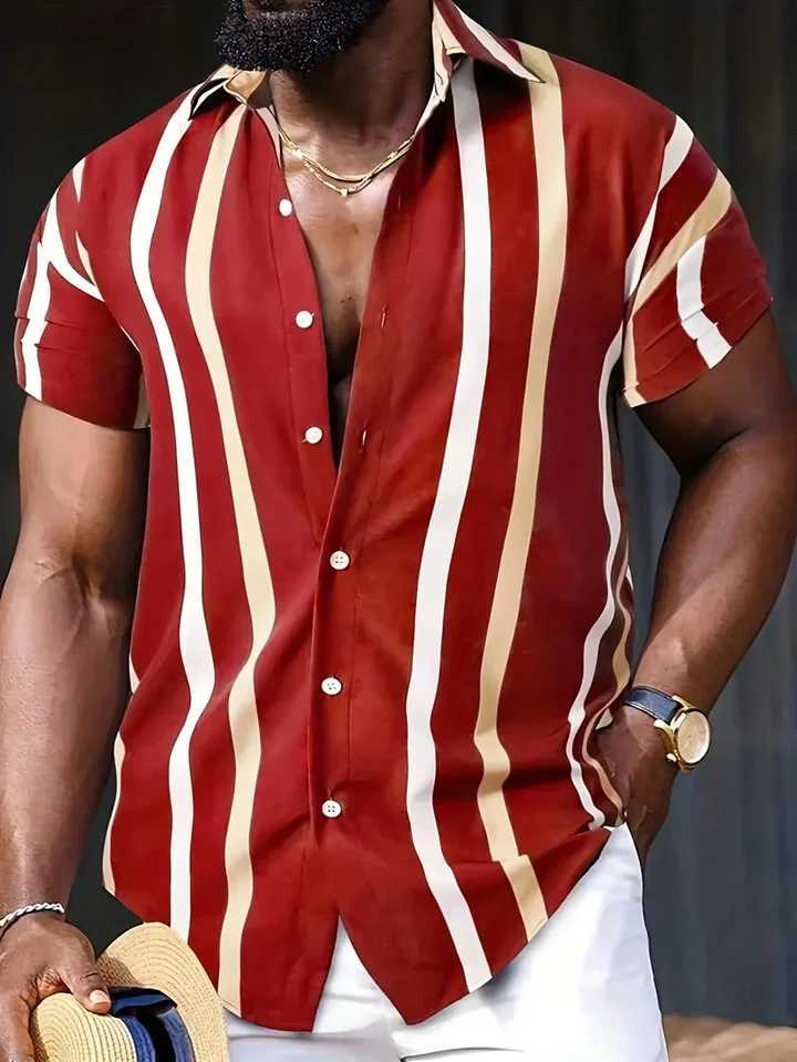 2024 New Business Leisure Striped Summer Haian Beach Mens Shirt 3D Printed Clothing Oversized Short Sleeve Mens Fashion W241026