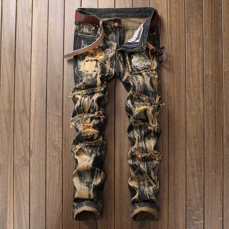 American Vintage Straight-leg Jeans for Men Featuring Distressed Rip Details Patchwork and Strt-style Tapered Cut. X250129