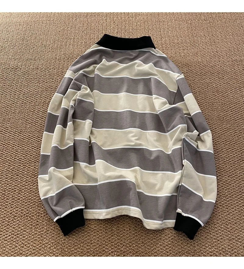 Japan Retro Striped Longsleeved POLO Shirt Top Men Women Loose Trend Couple BF Lapel Sweatshirt Preppy Hip Hop Cool Shirts 241025