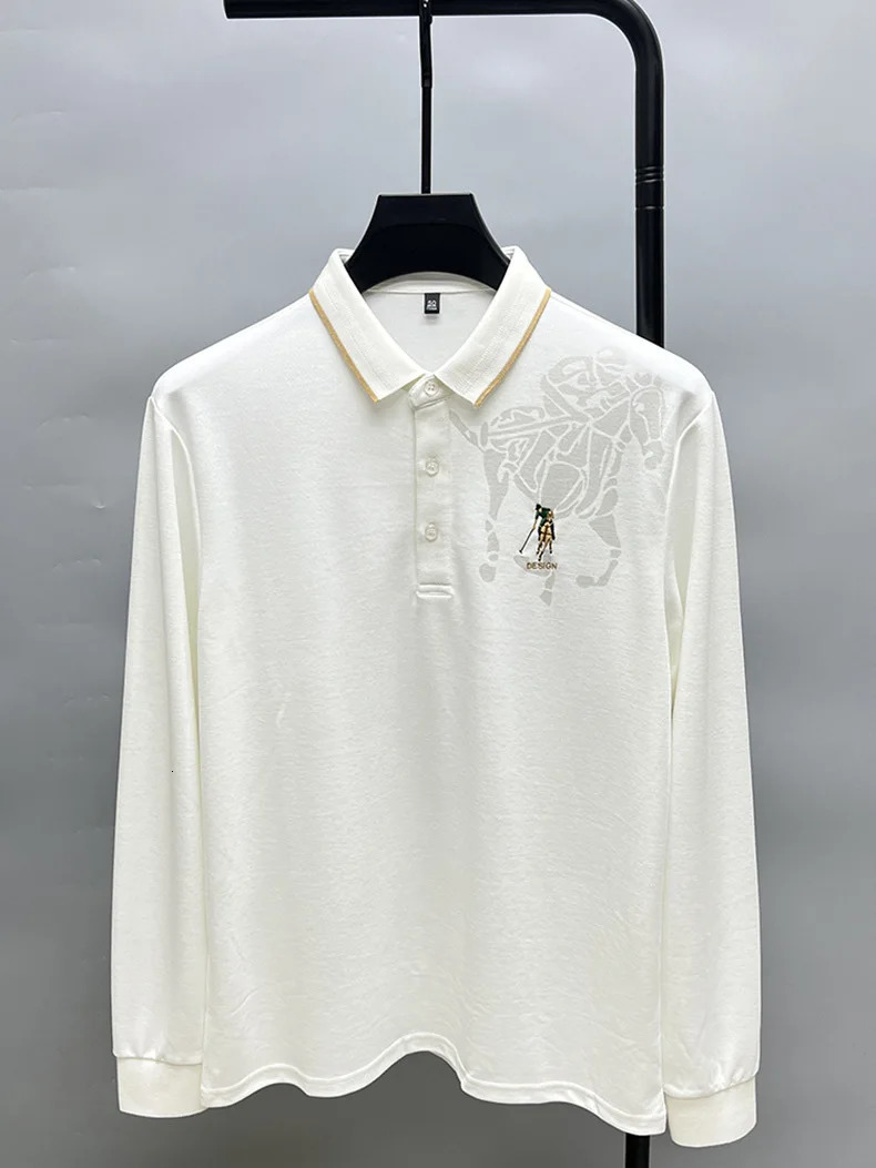 High end solid color long sleeved exquisite embroidered POLO shirt for mens fashion lapel Tshirt casual anti wrinkle top 241025