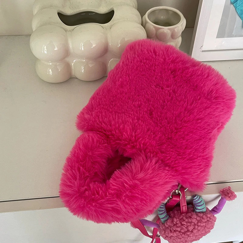 Plush Velvet Womens Bag Autumn/Winter Rose Red Handbag Doll Little Monster 241025