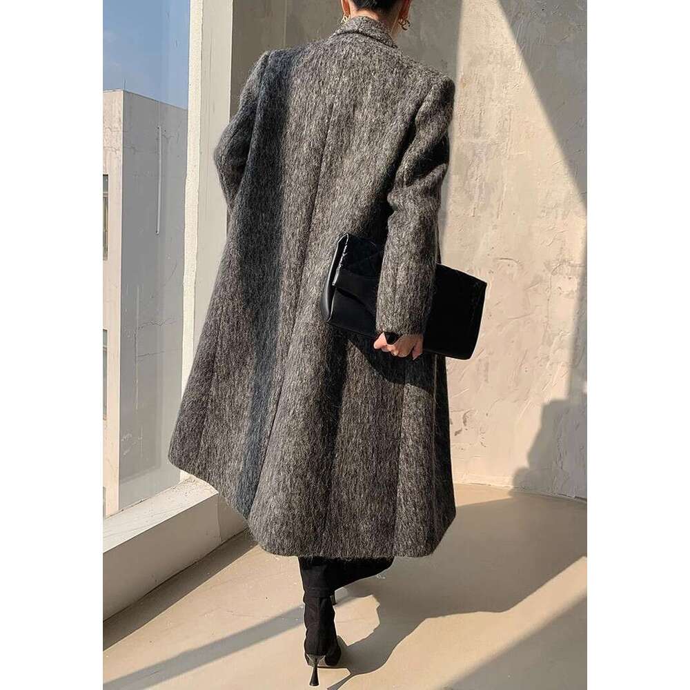 Women's Autumn Winter Fashionable Sophisticated Gray Hepburn Style Brushed And Thickened Coat