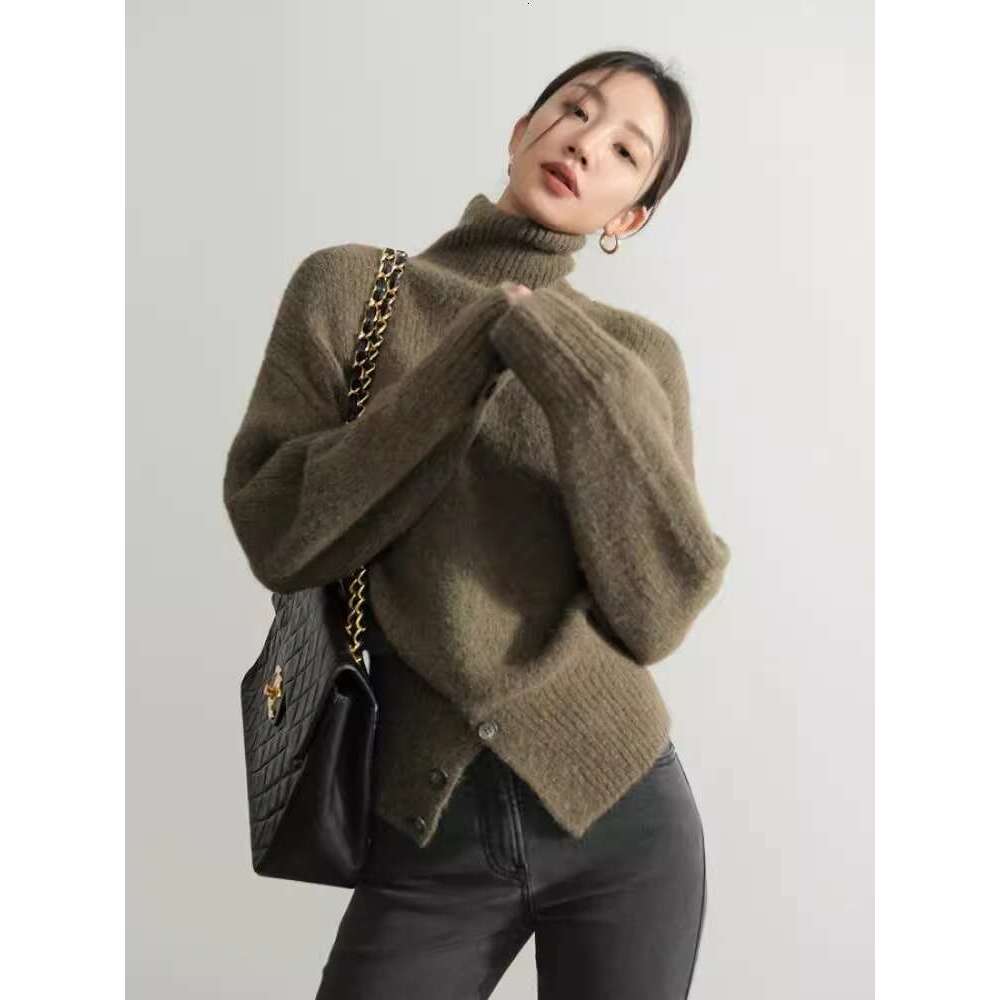 Grey High Neck Knitted Top With Women's Autumn Winter Button Design, Loose Lazy Soft And Sticky Sweater