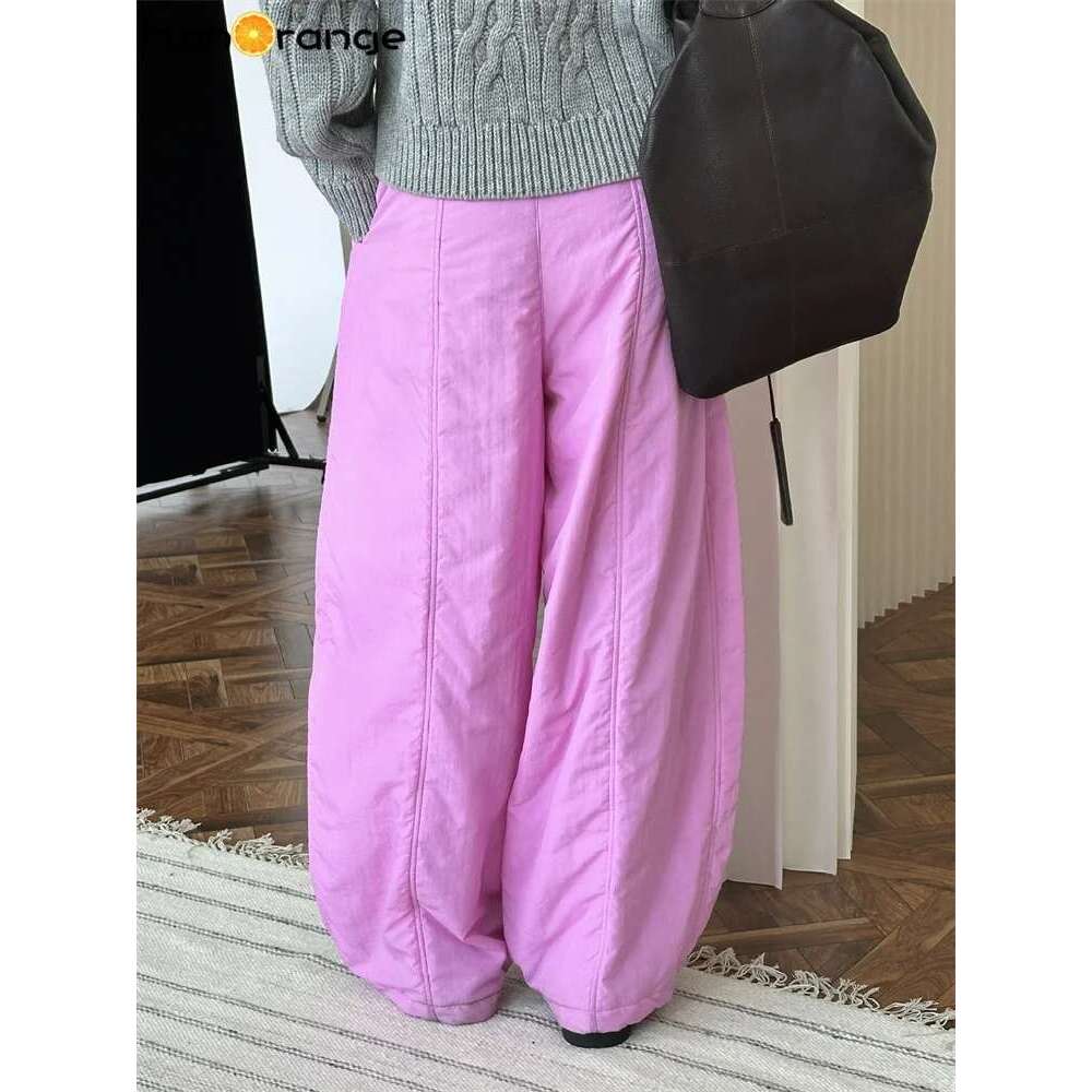 Hanorange 2024 Autumn Winter Simple Cotton Padded Pleated Pants Women Fluffy Silhouette Warm Nylon Trousers White/Pink