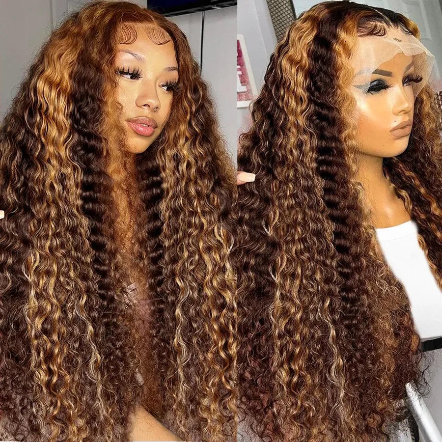 4/27 Highlight Ombre Deep Brazilian Colored Curly Wigs 13x4 Lace Front Human Hair Wig Water Wave