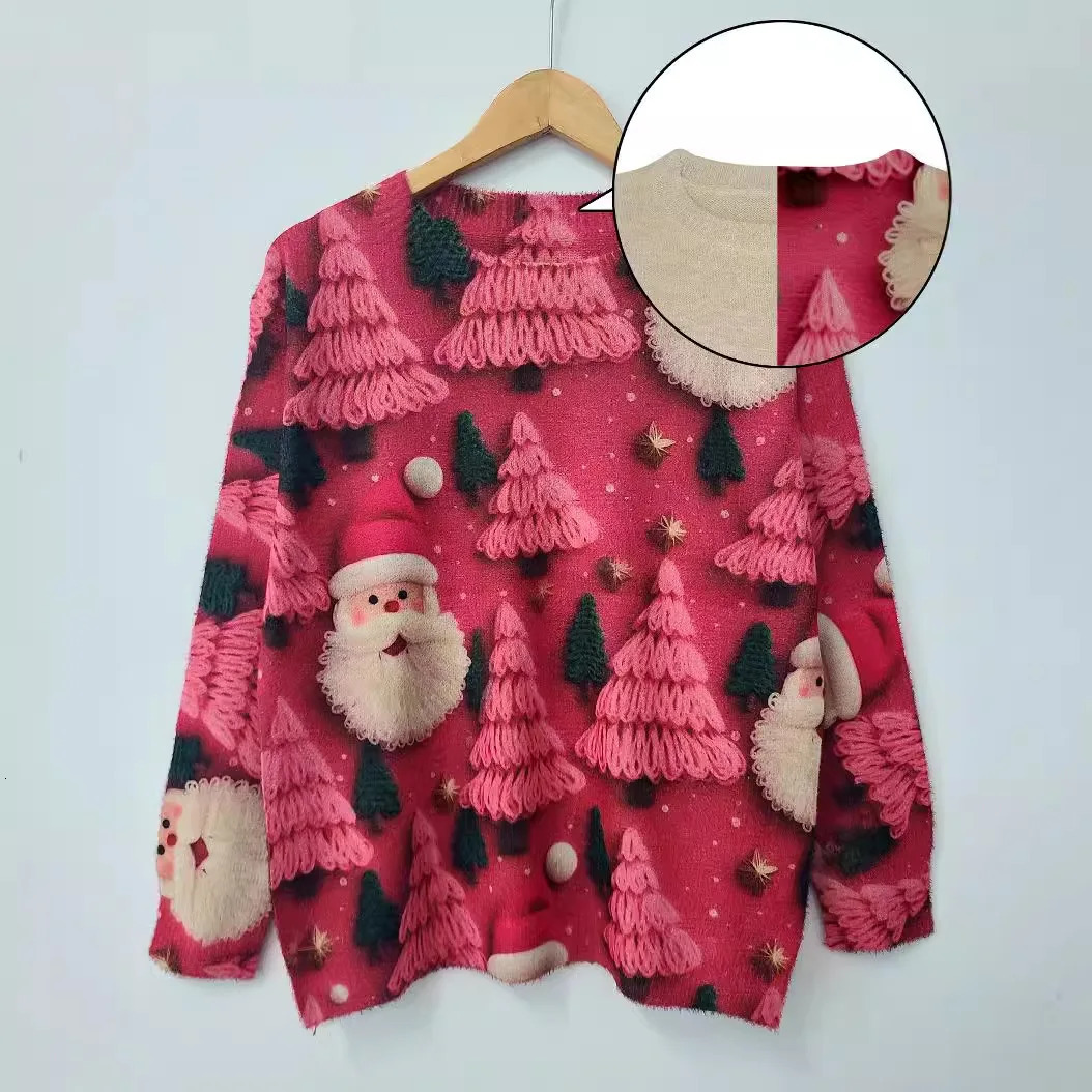 Autumn/Winter Fashionable Cute Christmas Full Print Round Neck Mink Print Sweater 241025