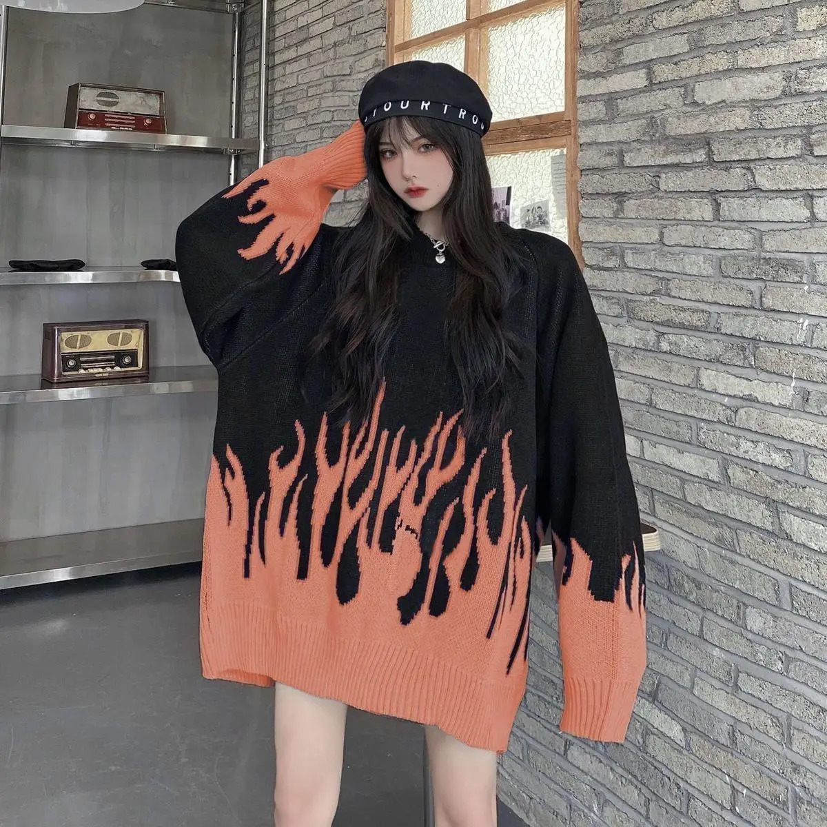Autumn Women Oversize Sweater Harajuku Flame Knitted Couple Pullover Winter Hip Hop Oneck Loose Jacquard Men Sweatshirt 241025