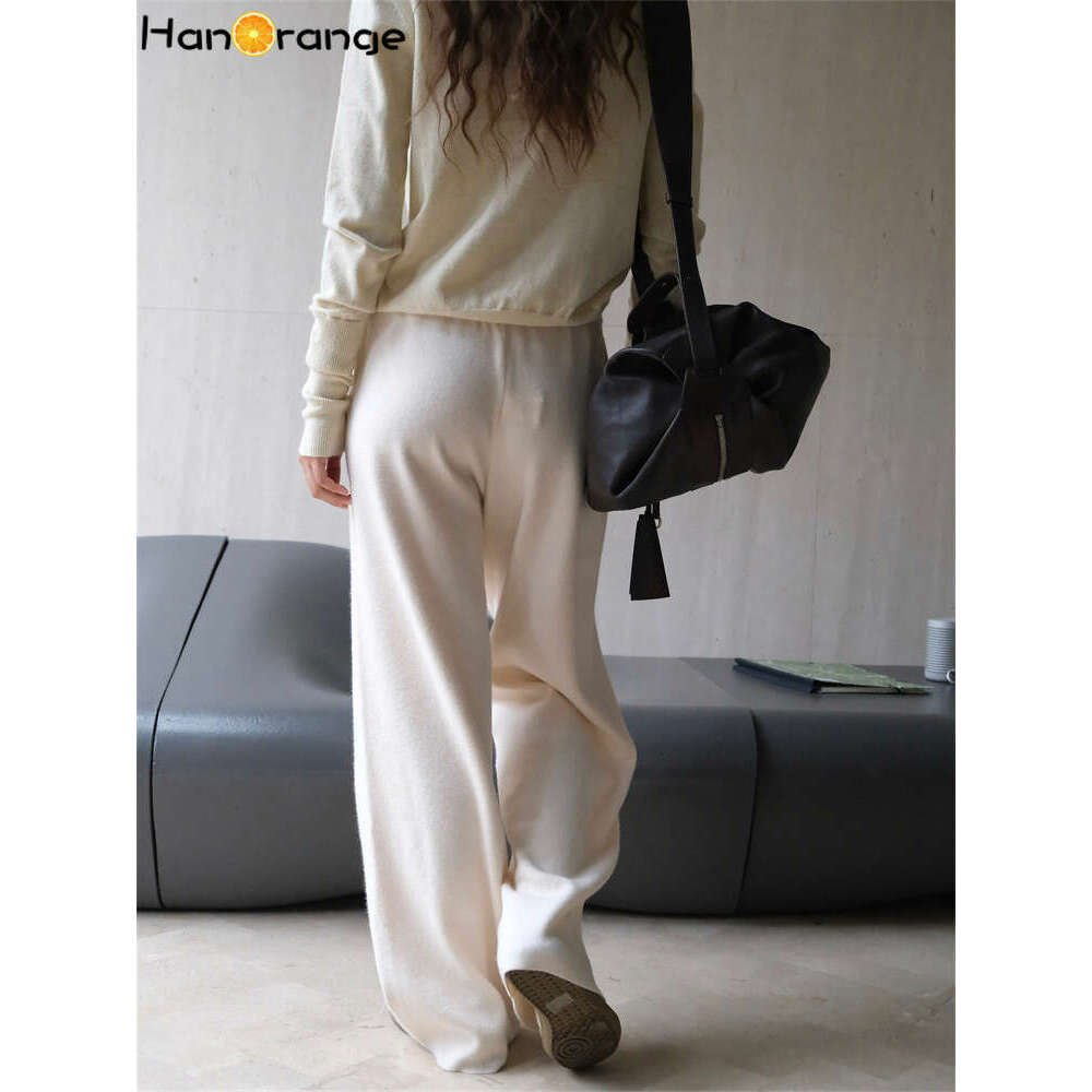 Hanorange 2024 Autumn Winter Lazy Straight Knitted Wide Legs Pants Soft Comfortable Or Dragging Trousers Grey/Apricot