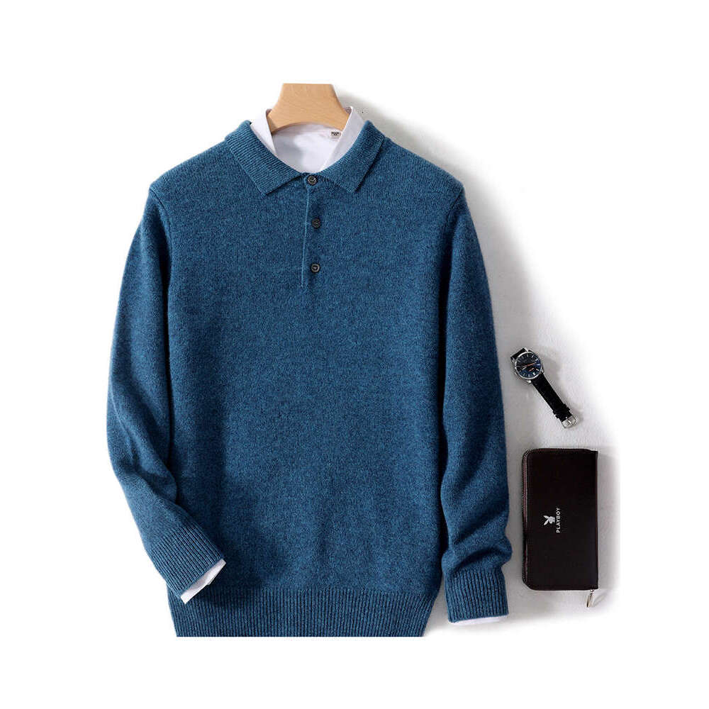 100% Merino Wool Hot Cardigans Men Lapel Pullover Long Sleeve Polo Neck Sweaters Loose Tops Knitwear Clothing Large Size Shirt