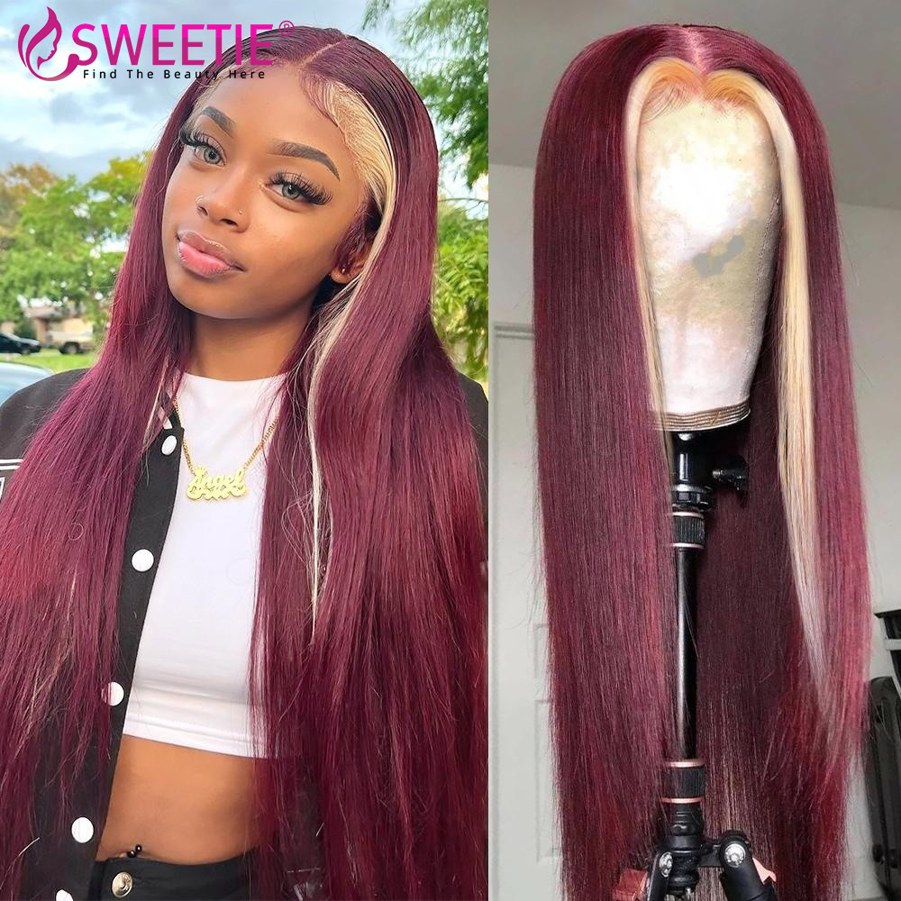 Bury 99j Red With 613 Blonde Stripe Front Wig Pre Plucked 180% 13x6 Human Hair 13x4 Lace Frontal Wigs