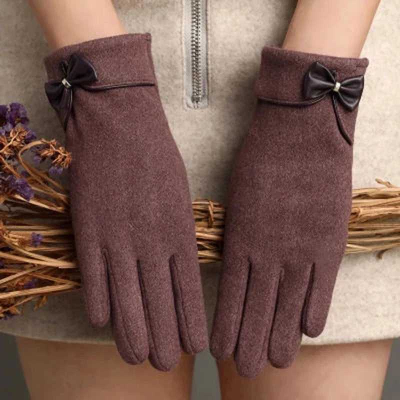 Womens Winter Cashmere Plus Velvet Plush Full Finger Bicycle Warm Gloves Womens PU Leather Bow Touchscreen Driving G H80 W241026