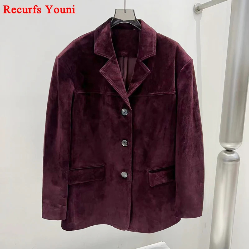 French high-end Western style womens leather jacket purple red oversized casual rens suede suit jacket 241025