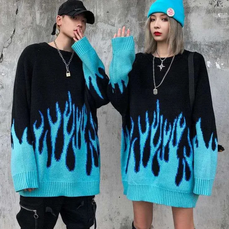 Autumn Women Oversize Sweater Harajuku Flame Knitted Couple Pullover Winter Hip Hop Oneck Loose Jacquard Men Sweatshirt 241025