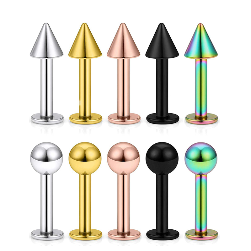 2Pcs 16G Labret Women Men Round Ball Spike Cone Tip Titanium Steel Screw Back (Pierced) Stud Earrings Punk Gothic Jewelry Gifts
