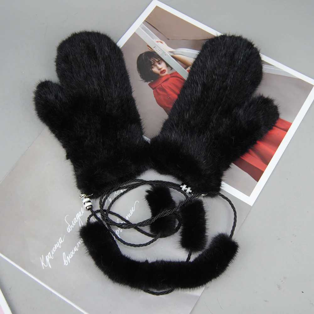 New Womens% Genuine Knitted Mink Gloves for Winter Warmth La Genuine Mink Fashion La Gs Handmade Knitted Fur Gloves W241026
