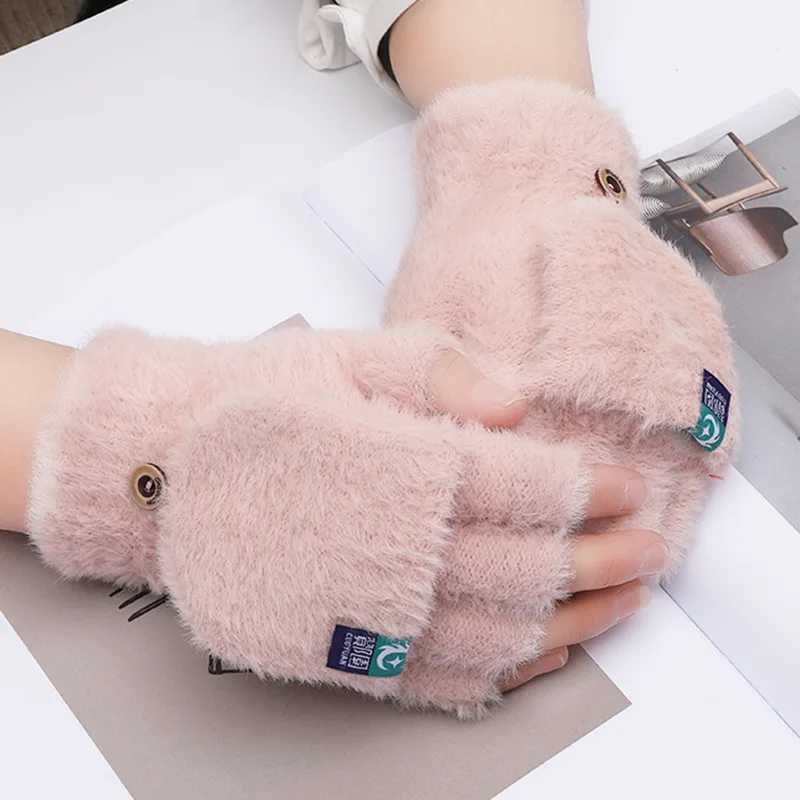 Winter Rabbit Fur Gloves Womens Warmth Gs Femle Girls Flip Plush G Finger Thick Warmth Working Gs Half Finger W241026