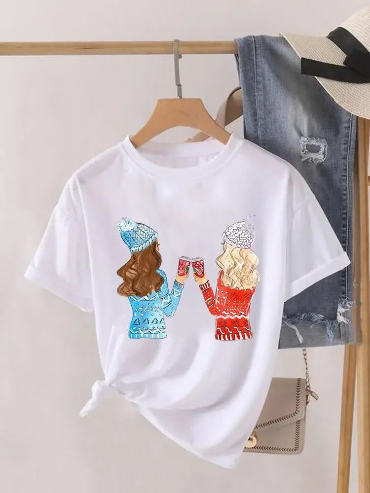 Graphic Tshirt Lady Year Short Sleeve Print Fashion Women Shirt Tee Top Paw Dog Cat Trend Cute Christmas Clothing Clothes 241025
