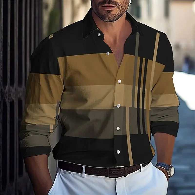 Summer mens casual business shirt with horizontal stripe print mens plus size lapel short sleeved four sided shirt W241026