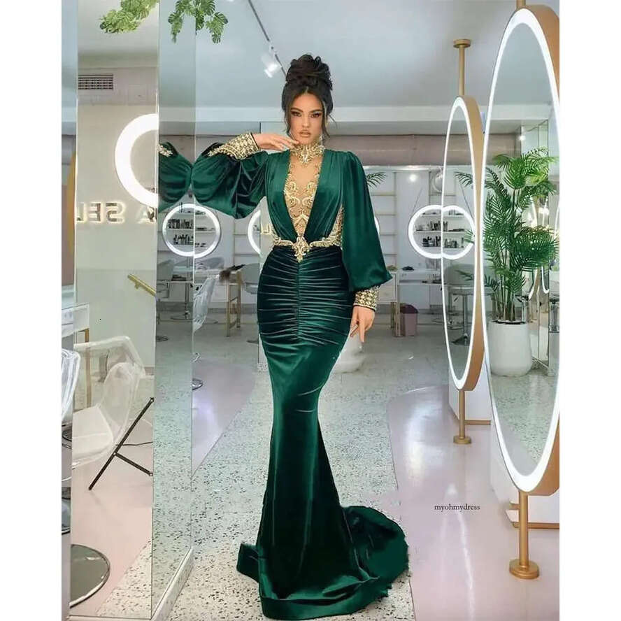 High Modern Neck Mermaid Evening Emerald Green Long Puffy Sleeves Trumpet Arabic Prrom Dresses Gold Appliques Beads Illusion Sexy Formal Party Gowns