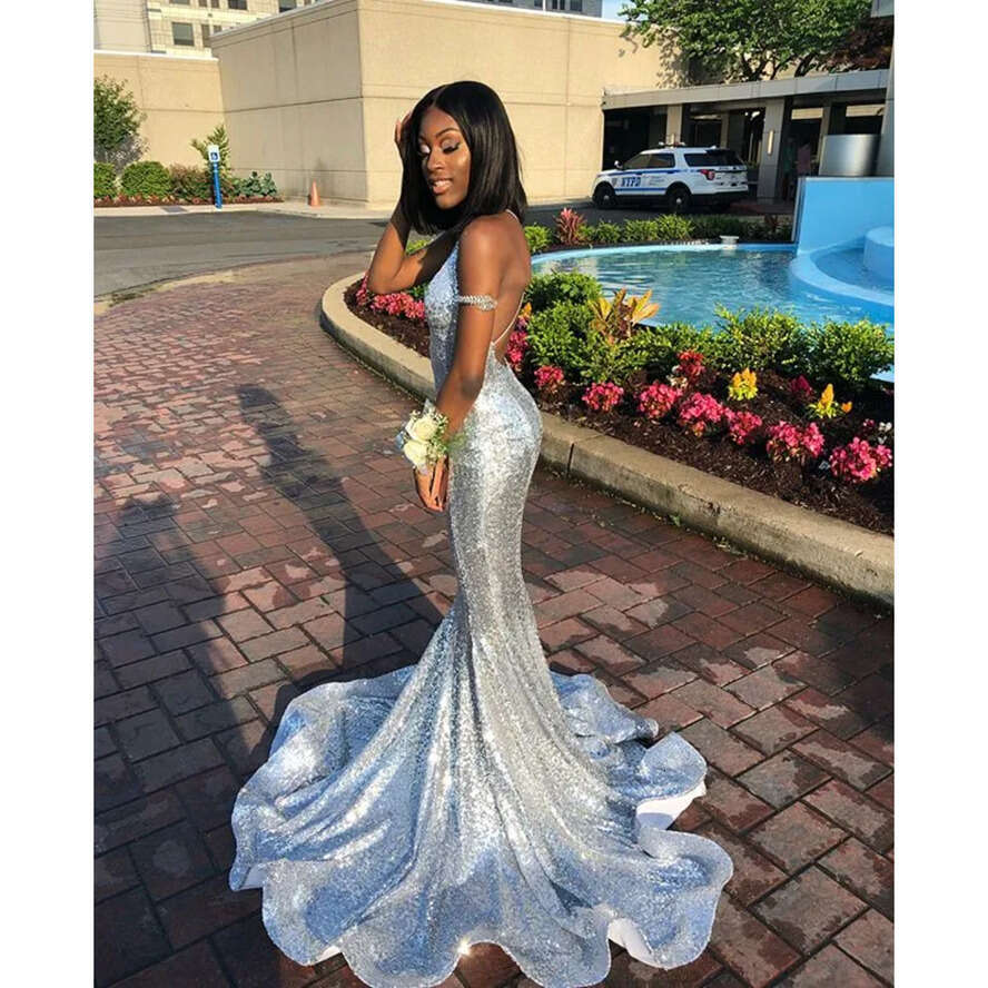 New Sier Sequins Mermaid Prom Evening Dresses Sparkly Spaghetti Formal Party Gown Backless Plus Size Pageant Dress Custom Made