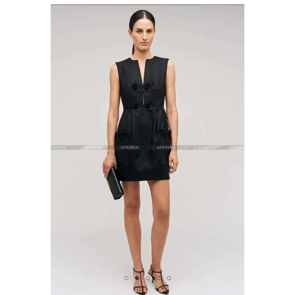 Women V Neck Sleeveless 3D Wer Appliques 100% En Mini Vest Dress