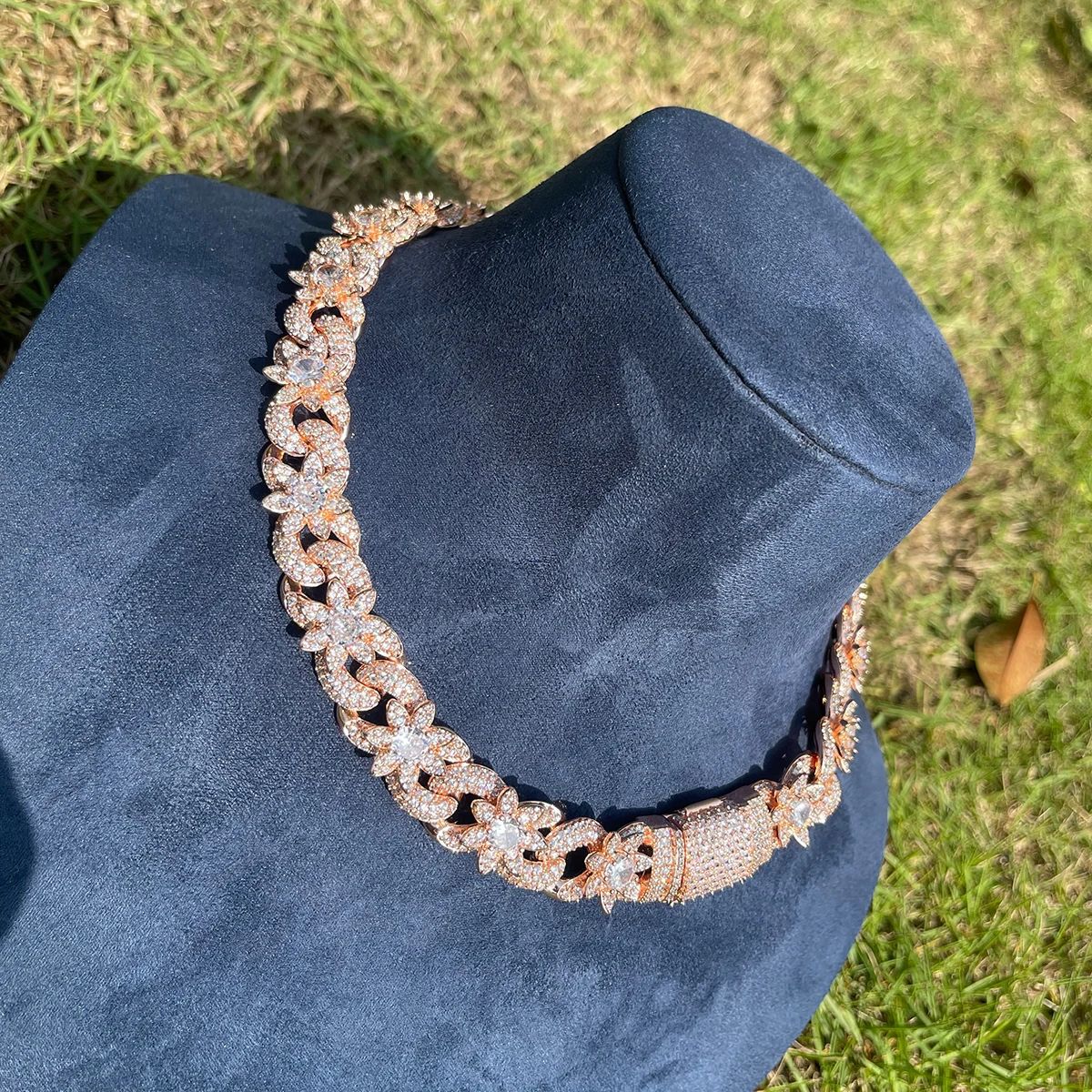 Lotus Flower Cuban Chain Necklace 5A Zircon 18K Gold Plated Women Men Jewelry