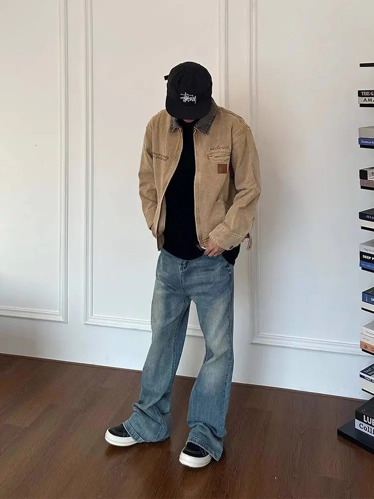 Vintage Letter Embroidery Cargo Jacket Mens Retro Casual Loose Autumn Winter Lapel Spliced Long Sleeve Outerwear Men 241025