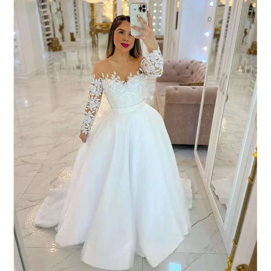 Sheer Neck A E Wedding Dresses 2024 Lace Appliques With Beaded Bridal Gown Pleat Puffy Skirt Robe De Mariage 0516
