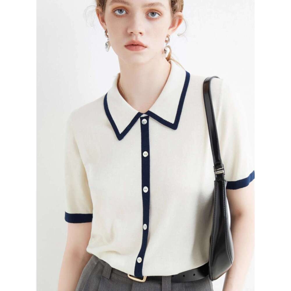 Sweet Age Reduction Small Fragrance Thin POLO Collar Short Fake Cardigan Summer Loose Slimming Lapel Half Sleeve Sweater