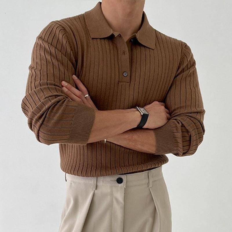 Mens Leisure Knit Polo Shirt Long Sleeve Buttondown Premium Solid Color Pullover Knitwear Streetwear Clothing 241025