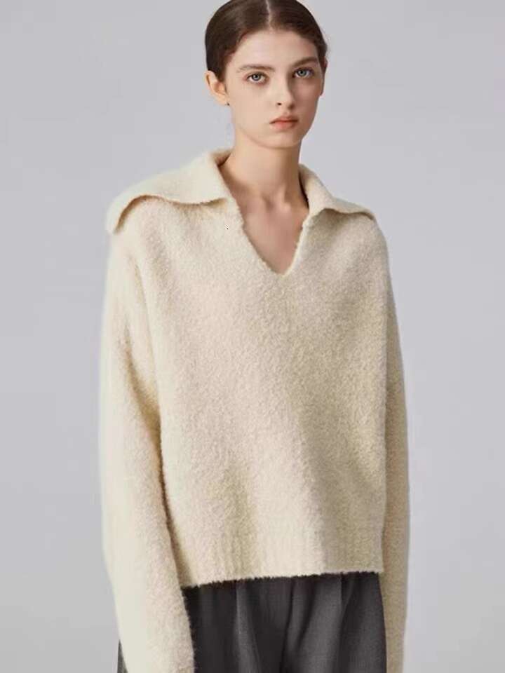 2024 Autumn And Winter New 100 Cashmere Women's Retro Loose Knit Sweater V-Neck Long Sleeve Woolen Base Shirt