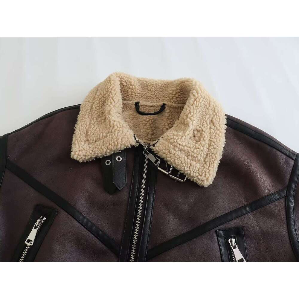 TRAFZA Women Fashion Double-Sided Short Belt Fleece Vintage Lapel New 2024 Fall Winter Zipper Loose Jacket Coat