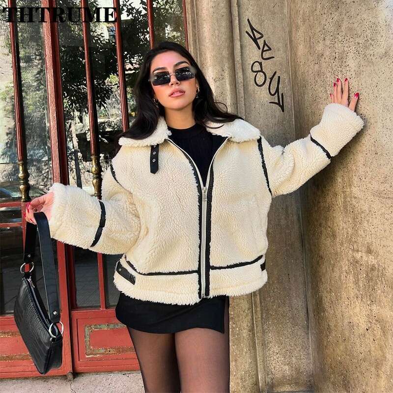 2024 New Fleece Lamb Jackets For Women Fashion Long Sleeve Autumn Winter Zipper Patchwork Coats Casual Streetwear Thick Outwear