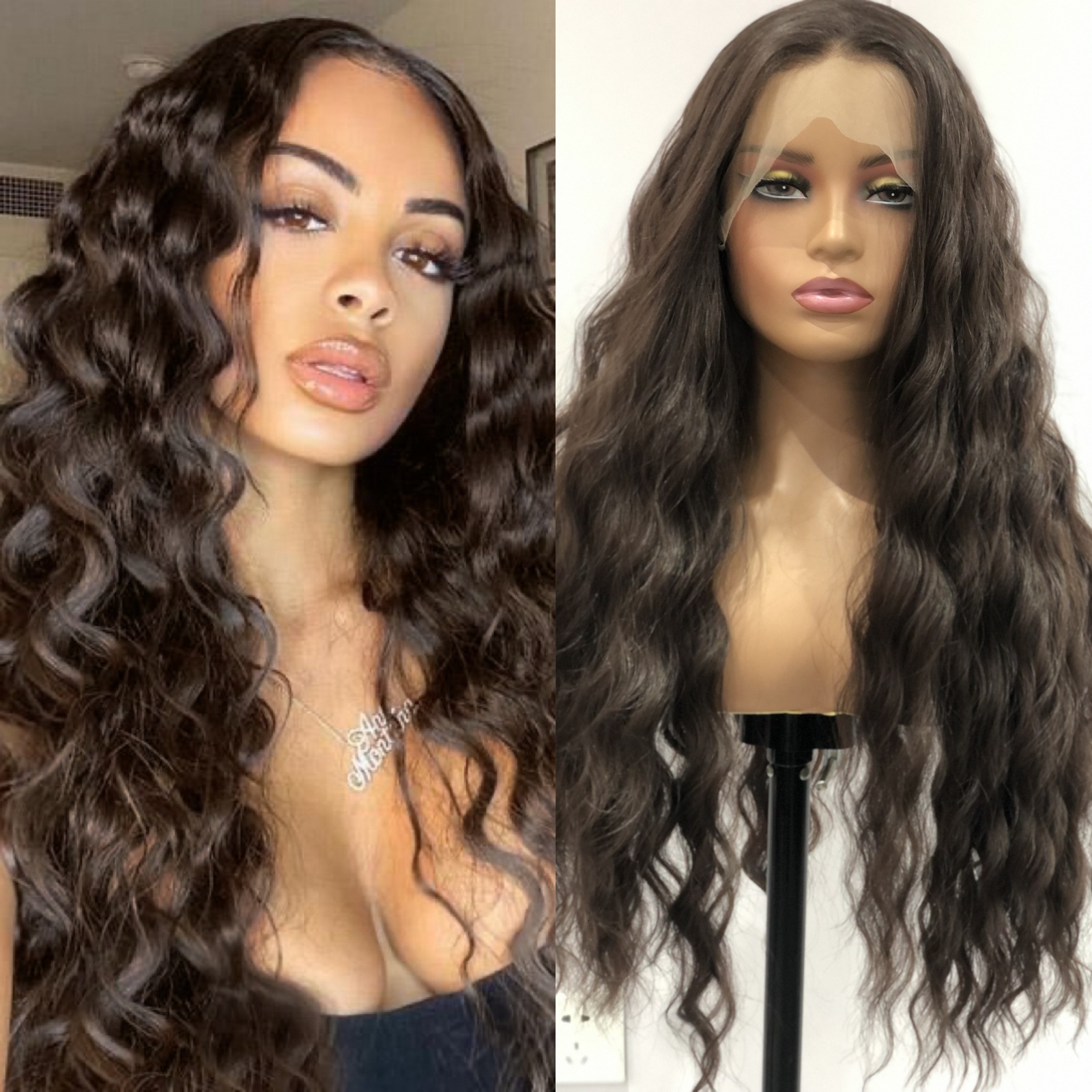 Dark Brown Long Curly Wavy Synthetic Lace Front Wig Loose Deep Natural Brunette Colored Hair 13X4 Frontal Wigs for Women