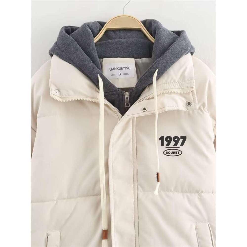TRAFZA Women Fall Winter Padding Three-Color Hooded Fake Two-Piece Zipper Jacket New 2024 Fashion Casual Versatile Coat