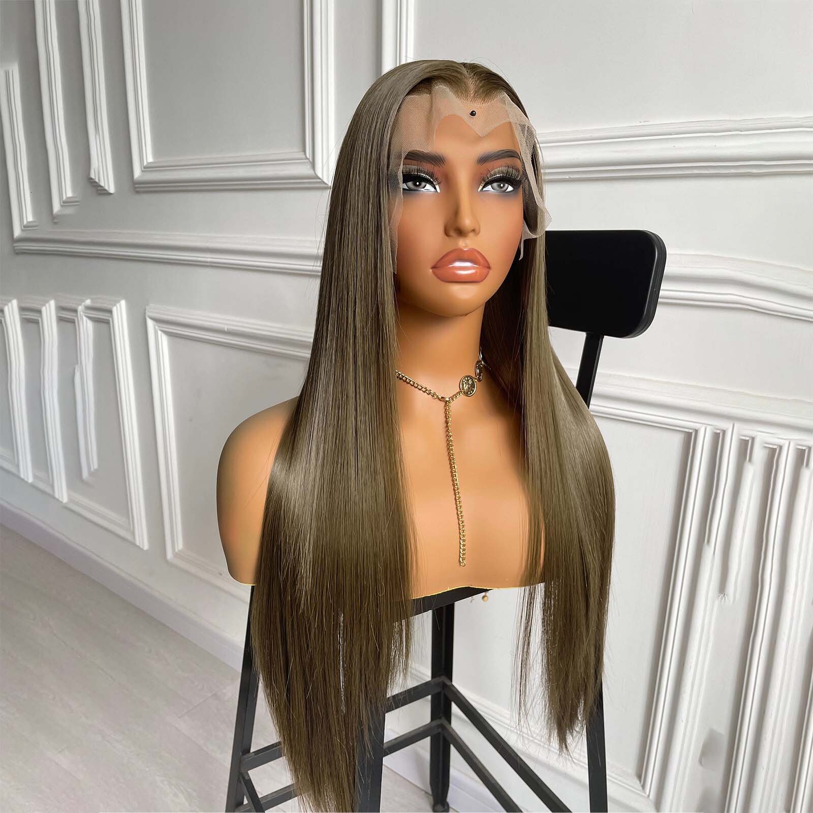 13X4 Long Straight Synthetic Hair Front Wig Natural Light Brown Brunette Colored Lace Frontal Wigs for Women