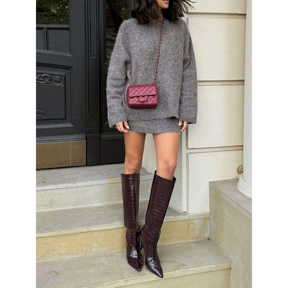 Fashion Grey Mohair Knitted Sweater 2 Pieces Skirt Sets Women Chic Oversized O-Neck Cropped Pullover Suits Lady Commute Outwear