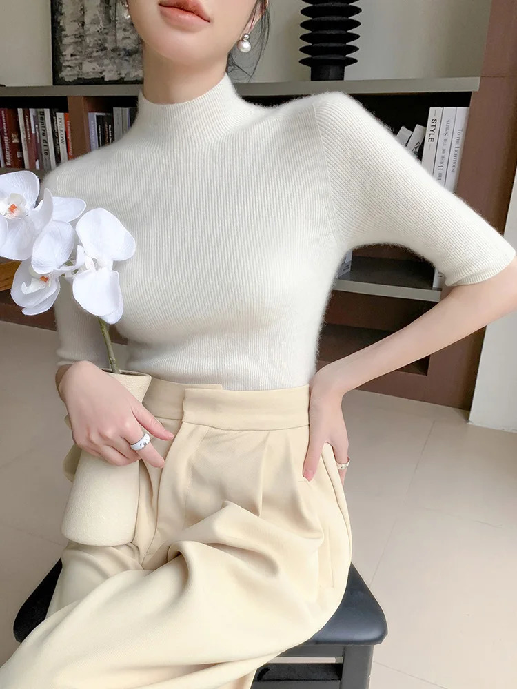 Womens Ultra Thin Plain Collar Half Sleeve Pullover Sweater Solid Color Basic Soft 100% Merino Wool Knitted Spring Summer Top 241028