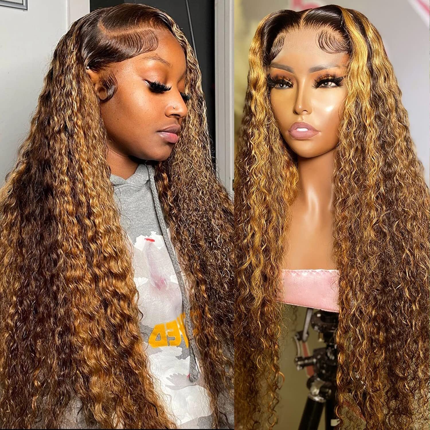 Highlight Human Hair Wigs 13x4 Deep Curly Ombre Colored Honey Blonde Water Wave 13x6 Lace Frontal Wig