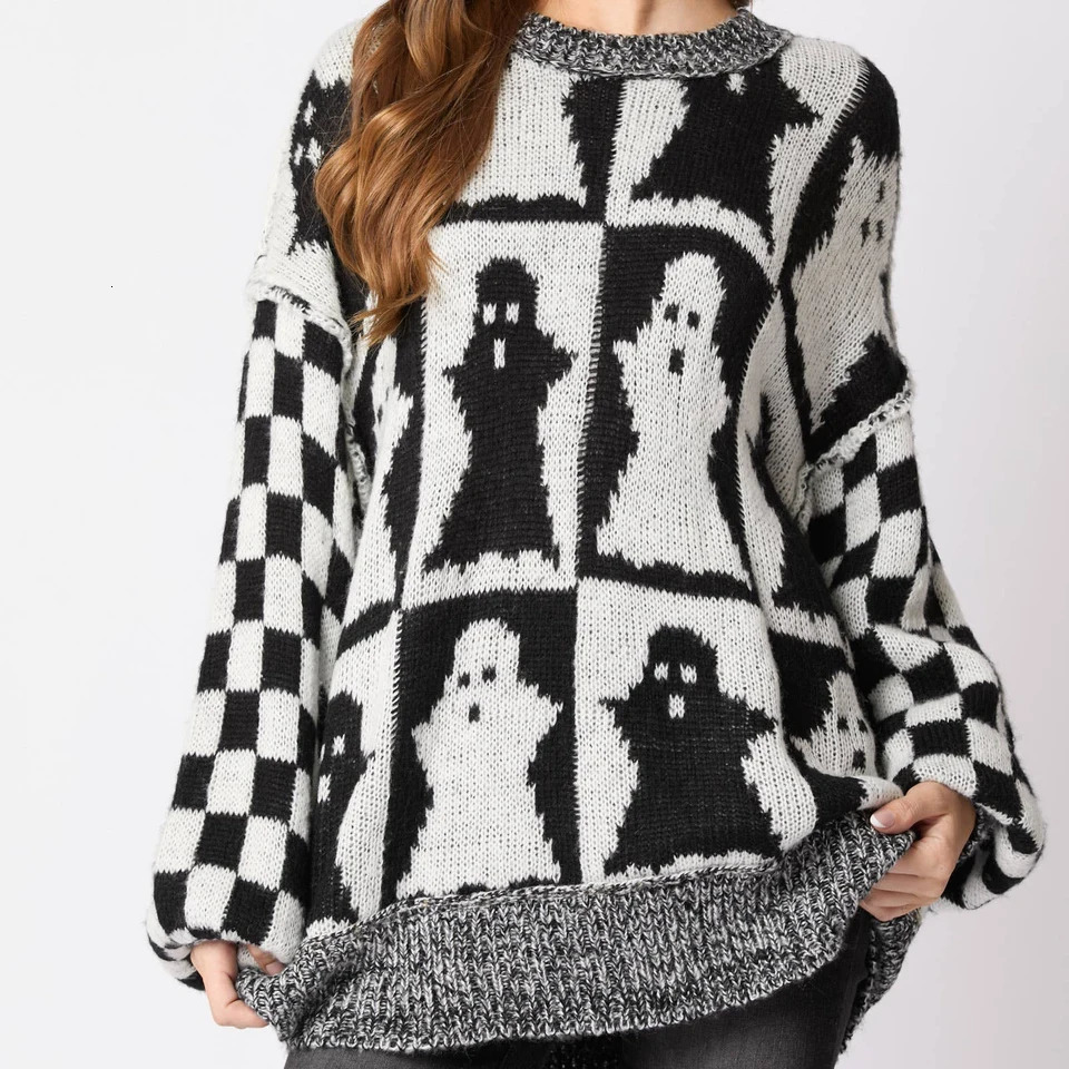 Womens Halloween/Christmas round neck long sleeved sweater with aesthetic gingerbread mens printed knitted loose floral top 241025
