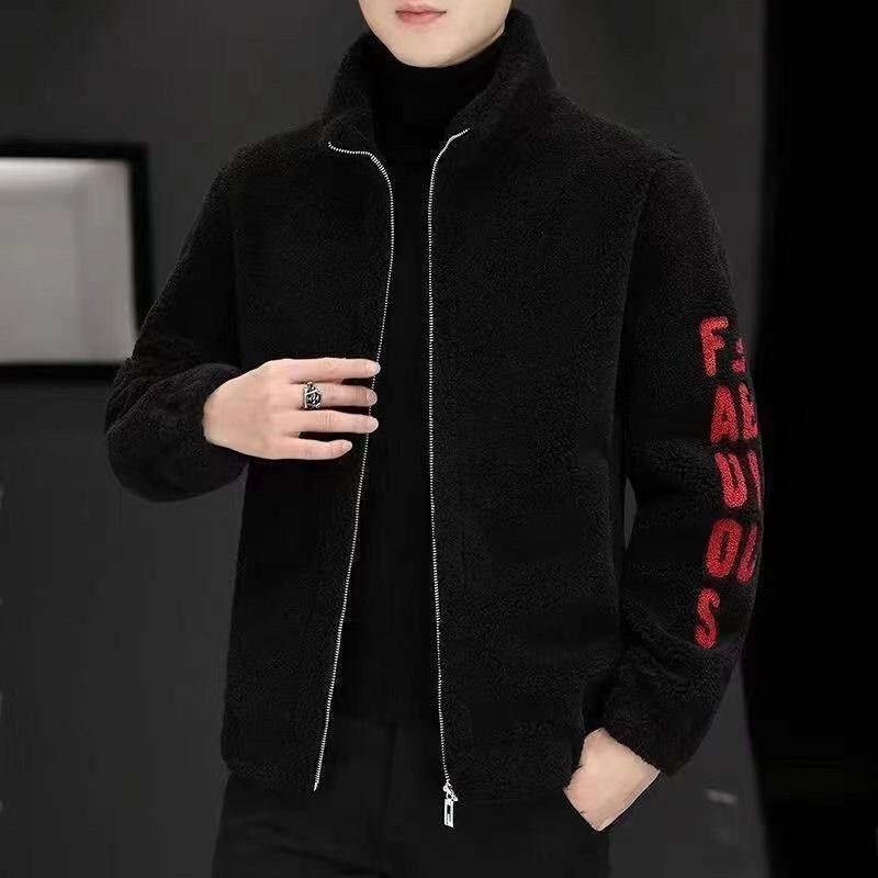 2024 new designer autumn and winter men's cut sheep stand collar jacket embroidered integrated sheep fleece men's jacket