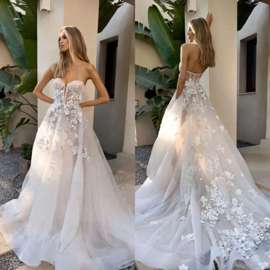 Boho A E Dresses Bone Bodice Appliques Sweetheart Tulle Designer Wedding Bridal Gowns 0515