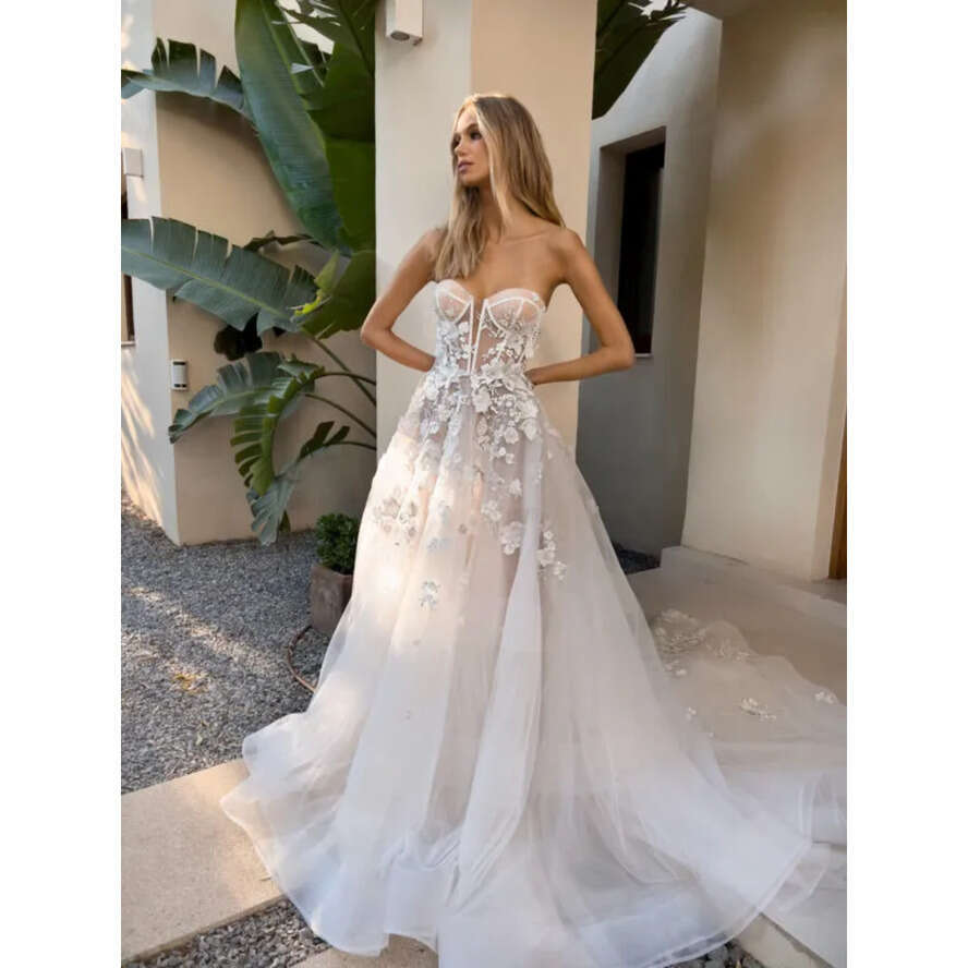 Boho A E Dresses Bone Bodice Appliques Sweetheart Tulle Designer Wedding Bridal Gowns 0515