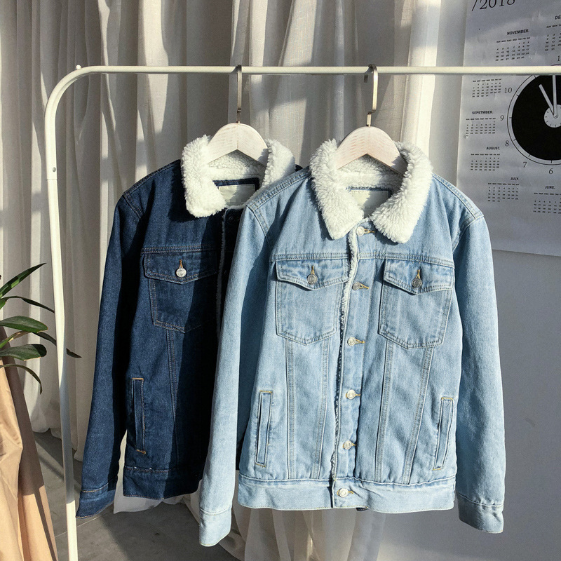 2024 New Designer Autumn/Winter Couple Denim Men's Plush Thickened Warm Leisure Oversized Cotton Jacket Sheep Wool Top Fashionable