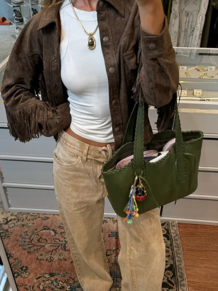 Brown retro Tassel suede leather womens jacket casual long sleeved pocket jacket fashionable autumn street crop jacket 241025